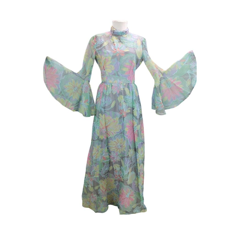 Vintage 1970s Pastel Floral Organza Maxi Dress with Dramatic Angel Sleeves